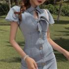 Collared Short-sleeve Denim Mini Sheath Dress