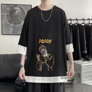 3/4-sleeve Mock Two-piece Print T-shirt