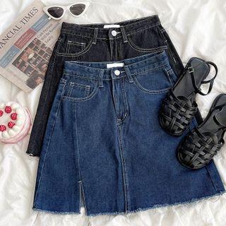 High-waist A-line Slit Denim Mini Skirt