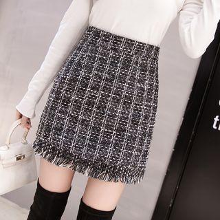 Fringe Hem Tweed Skirt