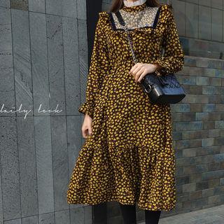 Frilled-detail Pattern Velvet Dress