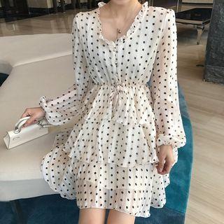 Long-sleeve Polka Dot Mini Tiered Dress