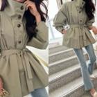 High-neck A-line Jacket With Sash Khaki - One Size