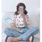 Strawberry Pattern Elbow-sleeve Shirt / Washed Jeans