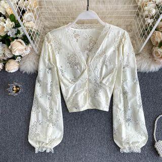 V-neck Lace Trim Puff-sleeve Top