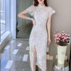 Short-sleeve Slit-side Lace Sheath Dress