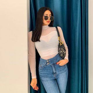 Mock-neck See-through Slim-fit Top