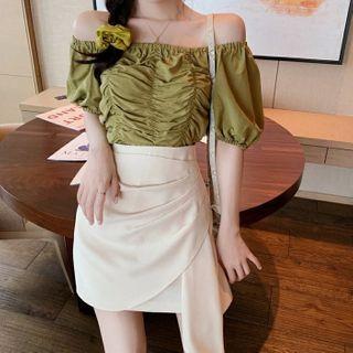 Plain Asymmetrical A-line Skirt / Off-shoulder Short-sleeve Blouse