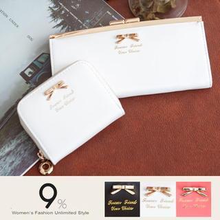 Set: Bow-accent Long Wallet + Coin Purse White - One Size