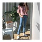 Elbow-sleeve Round-neck Asymmetric-hem T-shirt