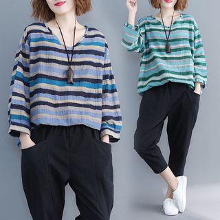 Striped V-neck Long-sleeve T Shirt