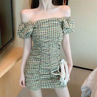 Off-shoulder Plaid Shirred A-line Dress