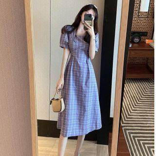 Short-sleeve Square Neck Plaid Midi A-line Dress