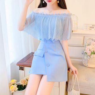 Set: Off-shoulder Lace Ruffled Top + A-line Skirt