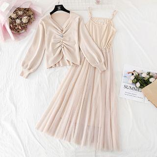 Set: Ruched Knit Top + Spaghetti-strap Maxi A-line Mesh Dress