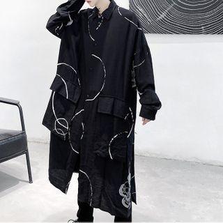 Point Collar Printed Oversized Long-sleeve Shirt