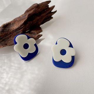Floral Sterling Silver Ear Stud 1 Pair - Blue & White - One Size