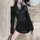 Padded-shoulder Faux-leather Crop Wrap Blazer / High Waist Drawstring Mini Skirt