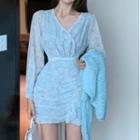 Long-sleeve V-neck Floral Ruffle Trim Dress / Batwing Sleeve Plain Perforated Cardigan