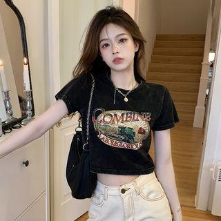 Short-sleeve Car Print Crop Vintage T-shirt