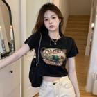 Short-sleeve Car Print Crop Vintage T-shirt