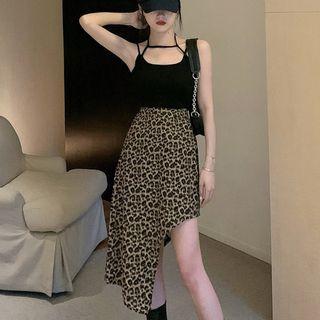 Spaghetti Strap Top / Irregular Leopard Print A-line Skirt