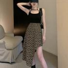 Spaghetti Strap Top / Irregular Leopard Print A-line Skirt