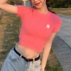 Short-sleeve Flower Knit Top Pink - One Size