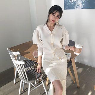 Puff-sleeve Metallic-button Cardigan
