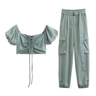 Set: Puff-sleeve Drawstring Blouse + Cargo Pants