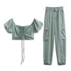 Set: Puff-sleeve Drawstring Blouse + Cargo Pants
