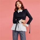 Inset Tie-sleeve Knit Top Pleated Blouse Black - One Size