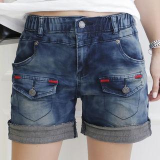 Band-waist Flap-pocket Denim Shorts
