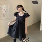 Puff Sleeve Square-neck Mini Dress Black - One Size