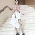 Sleeveless Lace Panel Knit Top / Asymmetrical A-line Ruffle Skirt