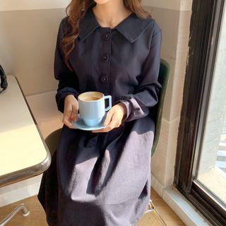 Puritan-collar Half-placket Dress Dark Navy Blue - One Size