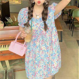 Puff-sleeve Floral Mini A-line Dress Floral - Red & White & Blue - One Size