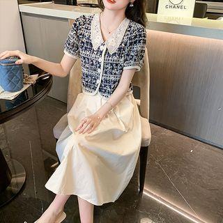Short-sleeve Collar Single-breasted Tweed Jacket / Midi A-line Skirt
