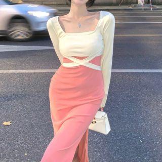 Long-sleeve Crop Top / Spaghetti Strap Midi Sheath Dress