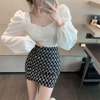 Rhinestone Cropped Blouse / Lettering Mini Pencil Skirt