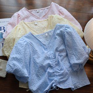 Lantern-sleeve V-neck Plaid Shirt