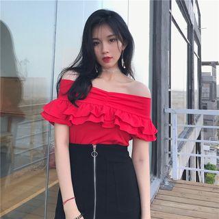 Off Shoulder Short Sleeve Ruffled Blouse