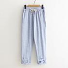 Cat Embroidered Pinstriped Drawstring Pants