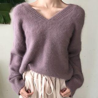 Furry V-neck Knit Sweater