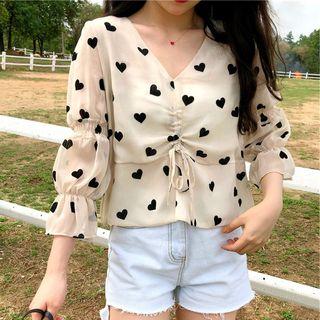 Heart Printed Drawstring Blouse As Shown In Figure - One Size