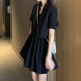Set: Short-sleeve Cropped Blazer + Spaghetti Strap Dress