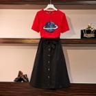 Sequined Short-sleeve T-shirt / Button Detail A-line Skirt / Set