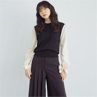Tie-cuff Color-block Top Black - One Size