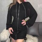 Puff-sleeve Hooded Zipped Mini Dress