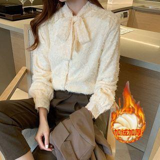 Long Sleeve Bow Neck Lace Fleece Lined Shirt